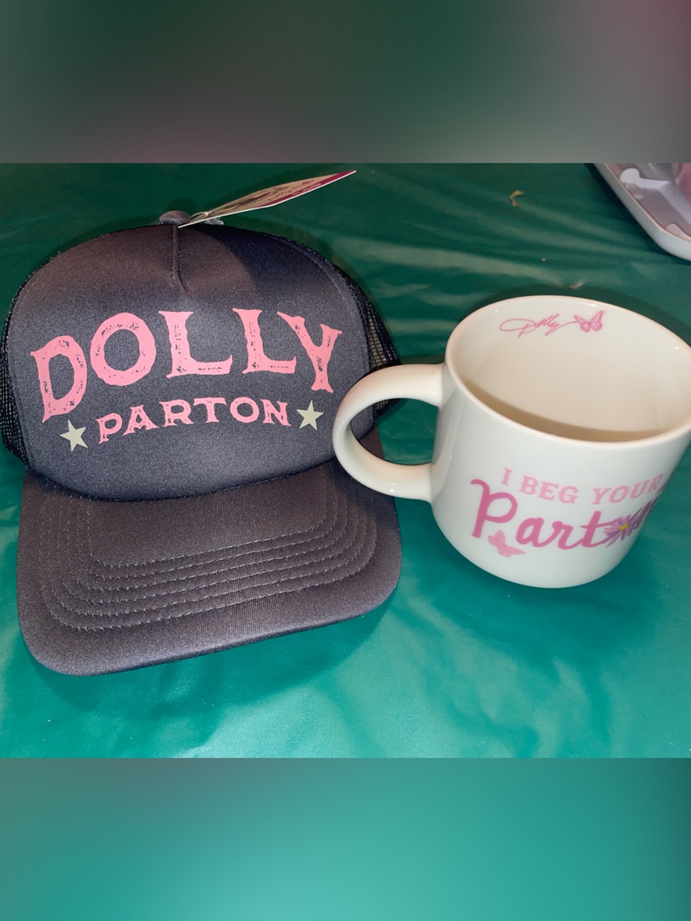 Dolly Parton Black and Pink Trucker Hat & Beg Your Parton mug